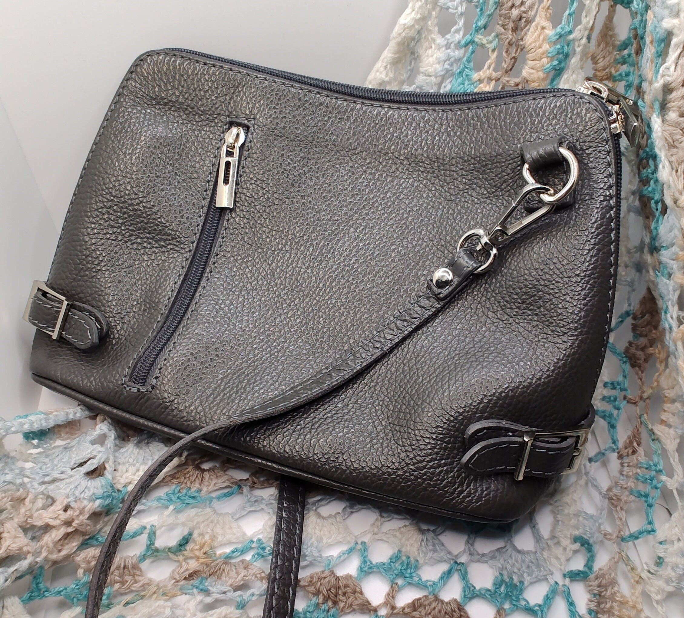 Vintage Light Pale Gray Leather Shoulder Strap Bag Purse