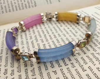Vintage Multicolour Dyed Jade and Sterling Silver Panel Bracelet