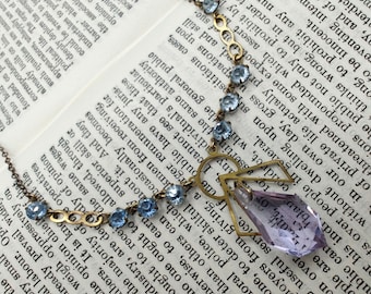 Vintage Art Deco Open Back Light Blue Paste and Purple Cut Glass Drop Necklace
