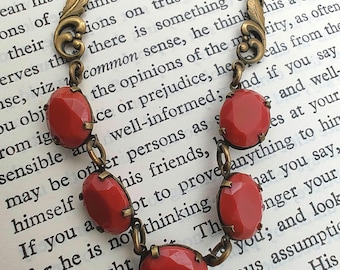 Vintage Jugendstil Open Backed Red Coral Art Glass and Pressed Brass Necklace