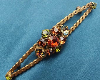 Broche vintage grande con barra de diamantes de imitación verdes y naranjas