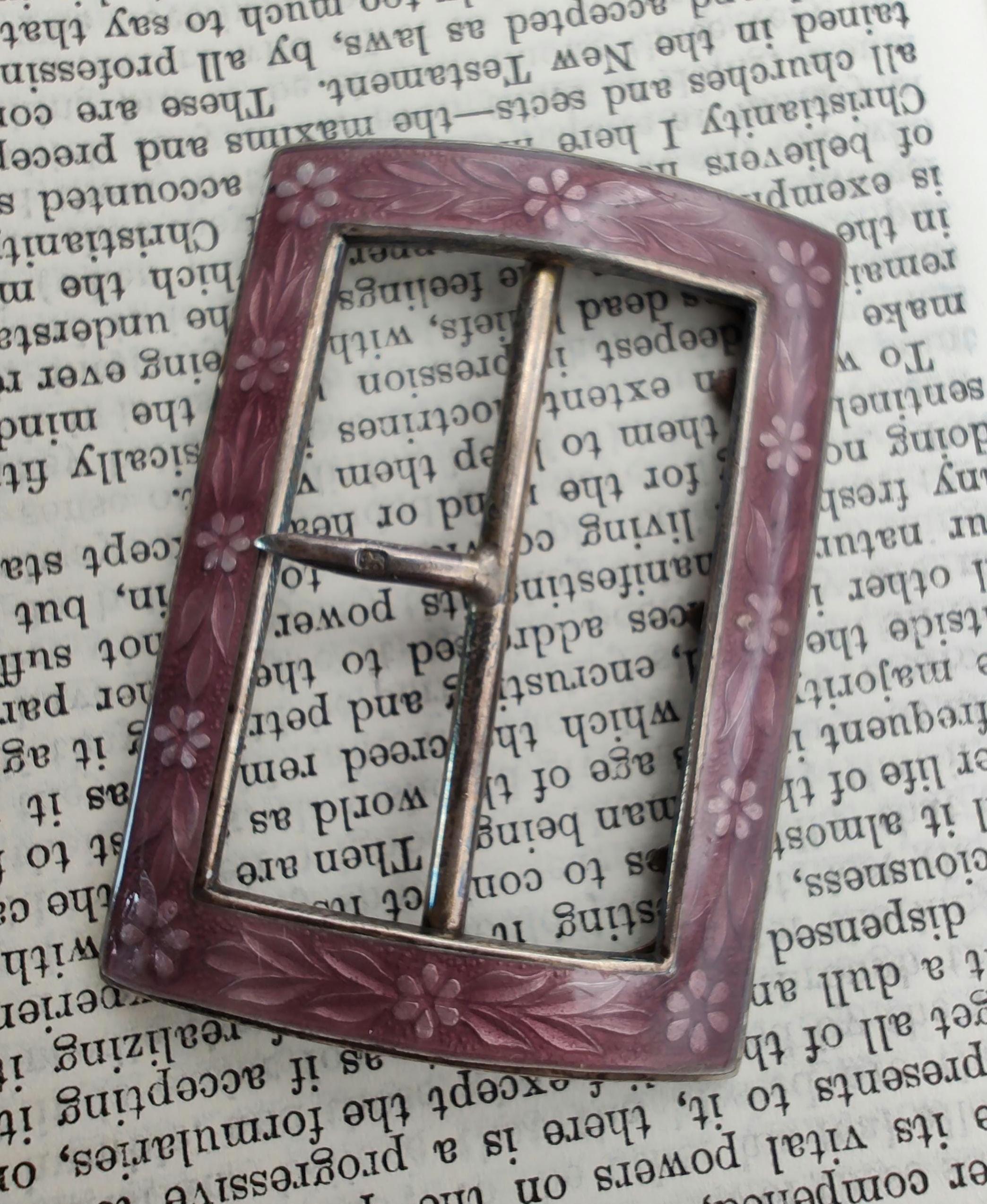 Antique Lavender Purple Guilloché Enamel Sterling Silver Belt Buckle Hallmarked Edwardian Solid Silver and Guilloche Enamel Ladies Belt  main image 4