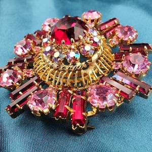 Vintage Pink and Red Layered Rhinestone Statement Brooch
