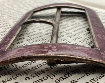 Antique Lavender Purple Guilloché Enamel Sterling Silver Belt Buckle Hallmarked Antique Sterling Silver and Purple Floral Guilloche Enamel  main image 4