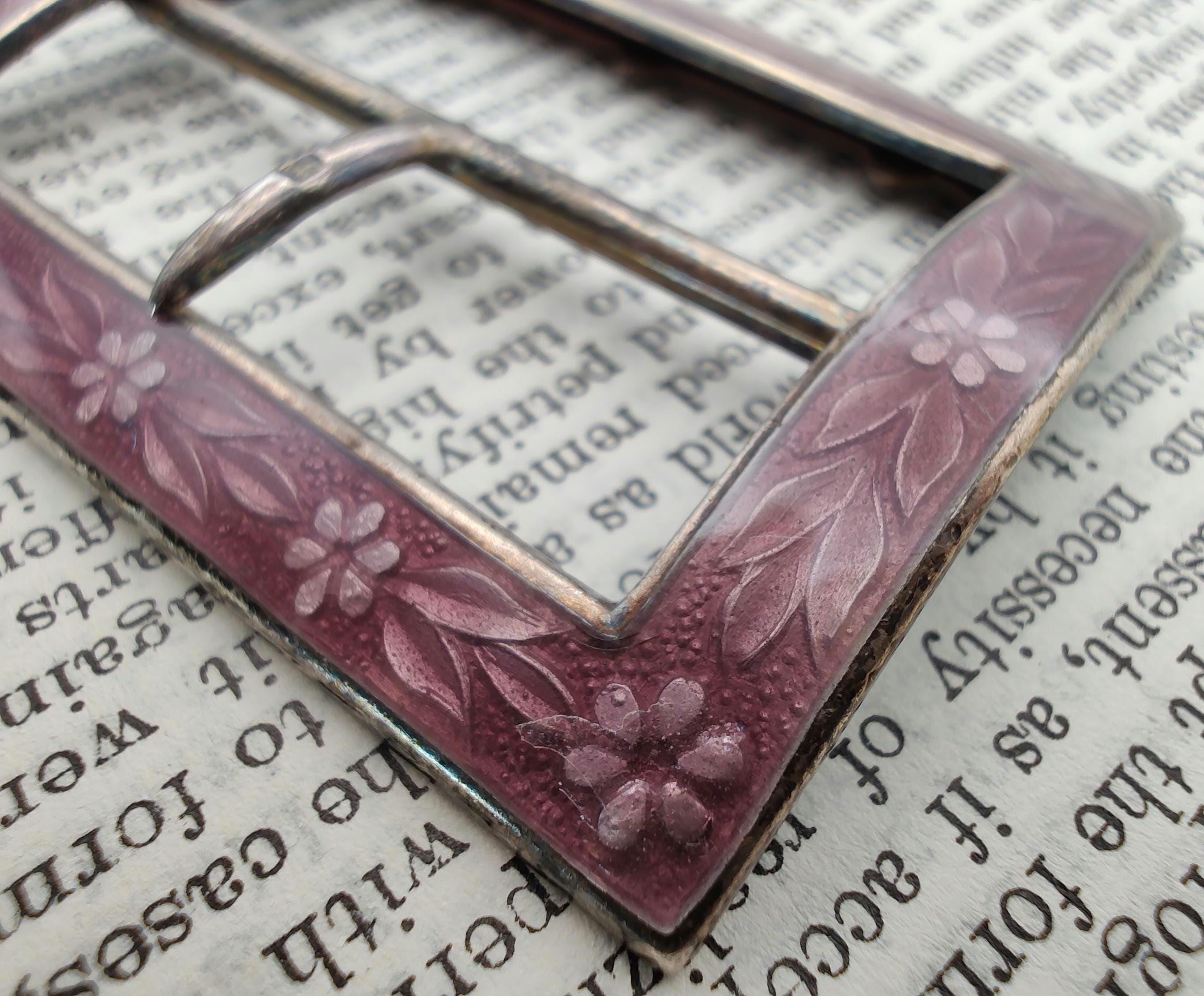 Antique Lavender Purple Guilloché Enamel Sterling Silver Belt Buckle Hallmarked Edwardian Solid Silver and Guilloche Enamel Ladies Belt  main image 2