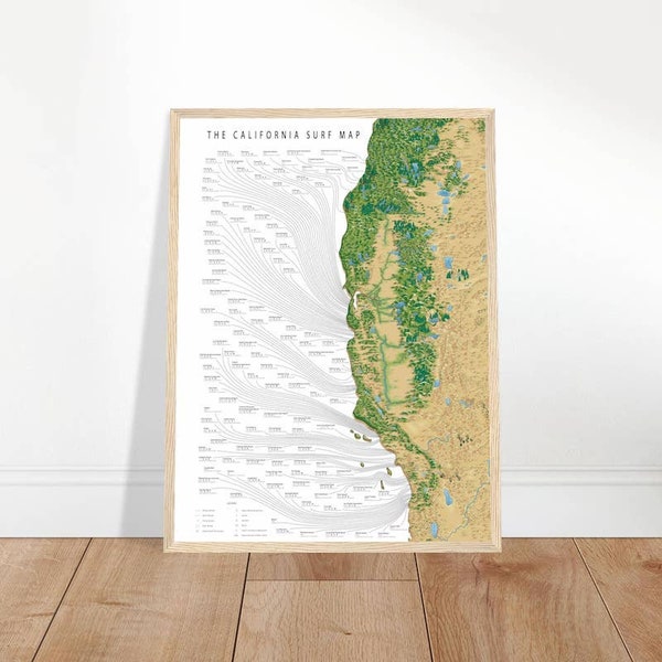 The California Surf Map - Surf decor - Gift For Surfer - Surfing Wall Art - California Surf Map Paper Print - Coastal Gems