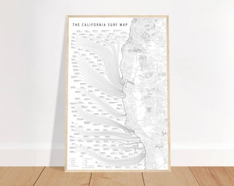 The Minimalist California Surf Map - California Surfing - Minimalist Surf art - Gift for Surf Lover