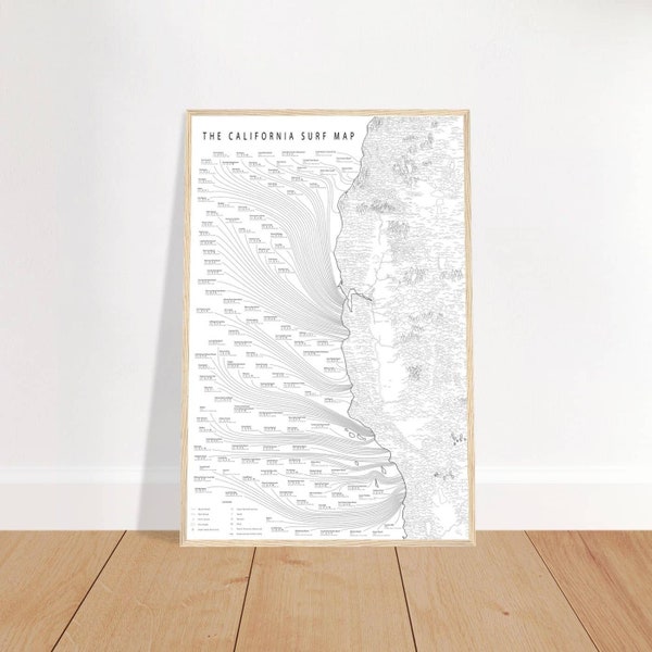 The Minimalist California Surf Map - California Surfing - Minimalist Surf art - Gift for Surf Lover