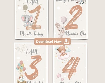 Baby Milestone Cards, Printable Cards, Digital Download, Monthly Milestone, Gender Neutral, Nursery Print, Cute Animals Decor, New Baby