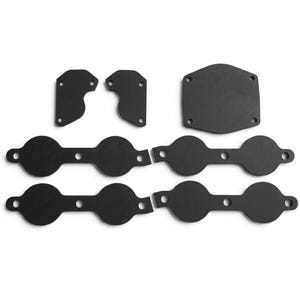 May include: A set of seven matte black metal components including two small irregular shaped plates, one larger hexagonal plate with four corner holes, and four elongated bars each featuring two circular cutouts and three mounting holes.