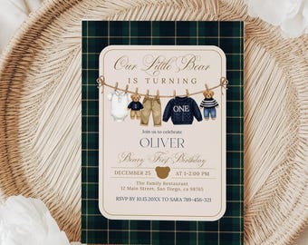 Luxury Teddy Bear Birthday Invitation, Editable Template Beary First Birthday Theme