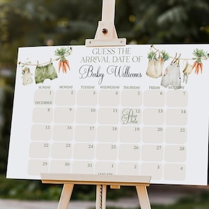 May include: A baby shower calendar sign on a wooden easel. The sign reads "Guess the Arrival Date of Baby Williams" and features a calendar with decorative illustrations of baby clothes and carrots. The sign is set outdoors with floral decorations.