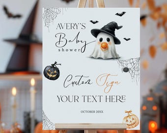 リトルブーのベビーシャワー用カスタムサイン、かわいいゴーストハロウィンベビーシャワー用デジタルサイン、リトルブーの出産間近のベビーシャワー用デコレーション（印刷可能）