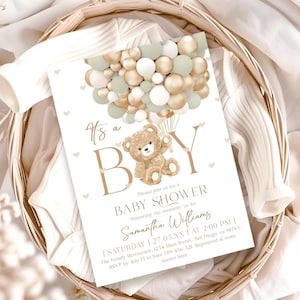 Invito baby shower con palloncino verde salvia orso, invito baby shower modificabile "It's a Boy", inviti scaricabili orsetto, stampabili