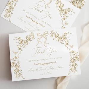 Carte de remerciement toile Baby Shower, carte de remerciements modifiable toile de Jouy, carte plate imprimable baby shower ours vintage, chinoiserie florale beige