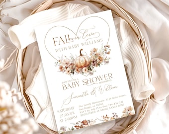 Fall in Love Baby Shower Invitation, Pumpkin Baby Shower Invite, Terracotta Floral Heart Printable Digital Invite, Gender Neutral Modern