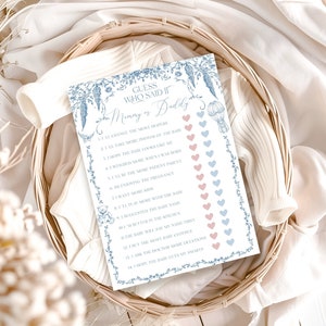 Guess mama of papa babyshowergames, Guess Who mama of papa-games afdrukbaar, Toile De Jouy blauwe gamekaart, stoffige blauwe chinoiserieflora