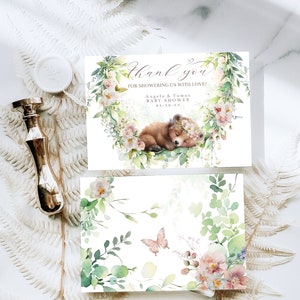 Carte de remerciement plate modifiable pour bébé fille, Baby in Bloom Baby Shower, Thème Woodland, Téléchargement instantané
