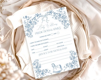 Tarjeta de juego de predicciones y consejos para bebés, tarjeta de juego de predicciones de baby shower Dusty Blue Toile, juego personalizado imprimible, floral vintage