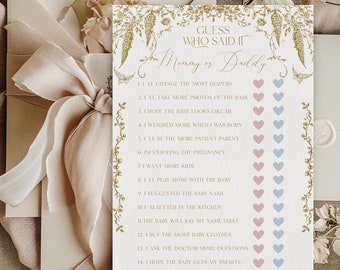 Mommy or Daddy Toile Baby Shower Games, Guess Who Party Game Printable, Vintage Floral Bow, Elegant Chinoiserie Baby Shower Game Download