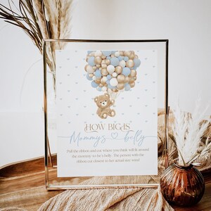 Hoe groot moeders buik spel teken, beer thema baby shower spel digitaal teken, beer blauwe ballon, moeders buik games poster & kaart afdrukbaar