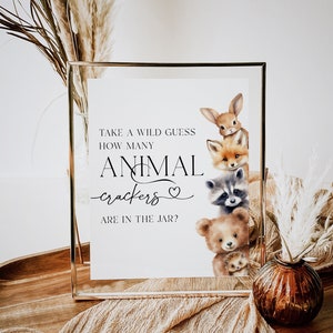 Carte et signe de jeu devinez combien de craquelins animaux, jeu de baby shower animaux de la forêt imprimable, signe de jeu de devinettes modifiable moderne minimaliste