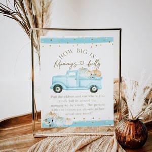 Babyshower spel mama buik, bordspel moeder buik en antwoordkaart, babyshower blauwe pompoen, babyshower herfst