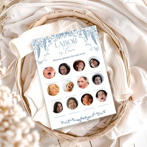 Jeu de travail ou d'amour, jeux de baby shower amusants à imprimer, jeu de douche en kraft, baby shower de toile de Jouy bleu,