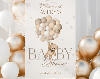 Teddy Bear Balloon Baby Shower Welcome Sign, We Can Bearly Wait, Brown Bear Digital Baby Shower Sign Printable, Welcome Banner Template