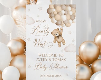 We Can Bearly Wait Baby Shower Welcome Sign, Bear Theme, Brown Bear Balloon Digital Baby Shower Sign Printable, Welcome Banner Template