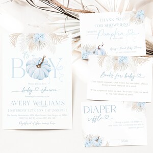 Bundle d'Invitation pour baby shower modifiable C'est un garçon citrouille, modèle d'Invitation de baby shower automne bohème, carte de remerciement citrouille bleue
