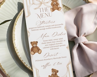 Editable Menu Card Template Teddy Bear Balloon Baby Shower, We Can Bearly Wait