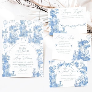 Safai Dusty Blue Toile Baby Shower Invitation Bundle, Toile Jungle Floral Baby Shower Editable Invitation Template, Elegant Baby Boy Shower
