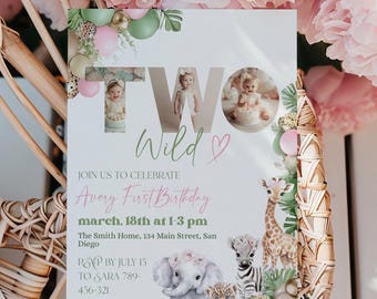 Two Wild Photo Girl Birthday Invitation, Pink Safari Animal Balloon Digital Template