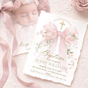 Boho roze bloemen boog doopsel uitnodiging sjabloon, flirt bloem elegante doop uitnodiging, luxe doop digitale uitnodiging, roze roos
