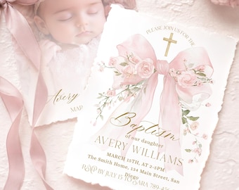 Boho Pink Floral Bow Baptism Invitation Template, Coquette Flower Elegant Christening Invite, Luxury Baptism Digital Invite, Pink Rose