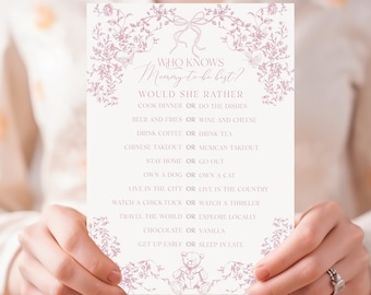 Pink Toile Baby Shower Game, Who Knows Mommy Best (PDF)