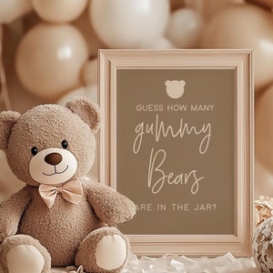 Letrero con juego de osito boho para baby shower, letrero imprimible con adivinanzas de cuántos ositos de goma hay, juegos de género neutro para baby shower, tema de oso marrón boho