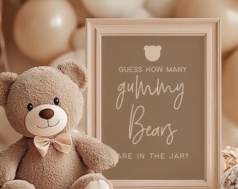 Boho Bear Baby Shower Game Sign, Guess How Many Gummy Bears Printable Sign, Gender Neutral Games for Baby Shower, Boho Brown Bear Theme