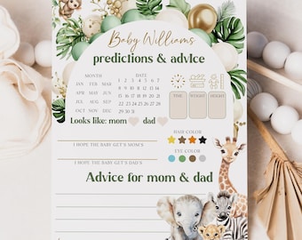 Safari Baby Shower Predictions and Advice Card, Printable Baby Shower Game, Editable Baby Shower Template, Safari Animal Party Game