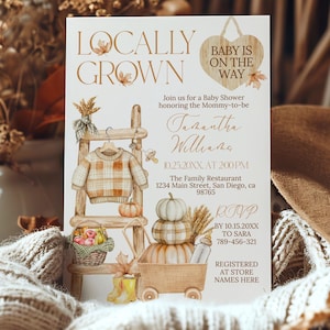 Locally Grown Pumpkin Baby Shower Invitation, Rustic Pumpkin Editable Template, Fall Locally Grown Digital Invite Canva, Gender Neutral