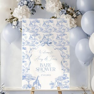 Blaue Toile Safari-Babyparty-Willkommensschild, Safari-Tier-Baby-Dusche-Digitalschild, Vintage-elegante Schleife Willkommensplakat bearbeitbare Vorlage