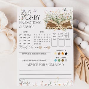 Babyvoorspellingsspel, nieuw hoofdstuk begint babyshower gamekaart, verhalenboek babyshowerspel afdrukbaar, wilde bloemen vintage boek thema digitaal