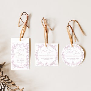 Pink Toile Baby Shower Favor Tag, Editable Baby ShowerThank You Tag, Printable Toile Bow Baby Shower Decor, Vintage Floral