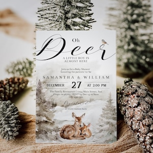 Editable Oh Deer Baby Shower Invitation, Winter Woodland Baby Shower Invite, Digital Baby Boy Shower Edit Invite, Little Deer is Almost Here