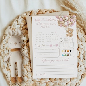 Tarjeta de juego de predicciones para bebés, predicciones de baby shower con globo rosa de oso y tarjeta imprimible de consejos, juego personalizado de adivinanzas para bebés