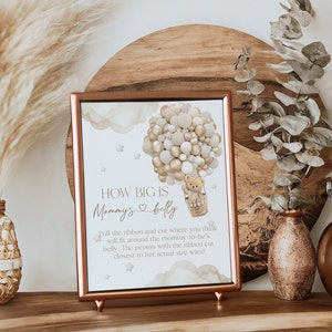Hoe groot is mama's buik spel teken, Bear ballonnen genderneutrale baby shower game card, we kunnen bearly wachten, bewerkbare Bear Games afdrukbare