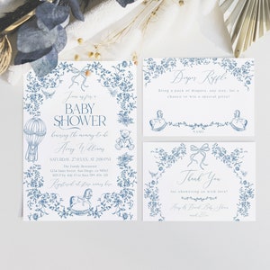 Stoffige blauwe chinoiserie babyshower uitnodigingsbundel, Franse toile bloemen babyshower bewerkbare uitnodigingssjabloon, elegante babyjongen uitnodigen