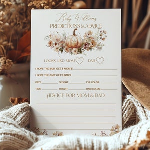 Babyvoorspellingen en advies Afdrukbare gamekaart Pompoen babyshower, bewerkbaar babyraadspel, herfst genderneutraal babyshowerspel