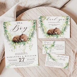 Ensemble d’invitations à la douche pour bébé garçon modifiable Woodland Greenery, c’est une invitation numérique pour garçon, demande de livres, tirage au sort de couches, carte de remerciement